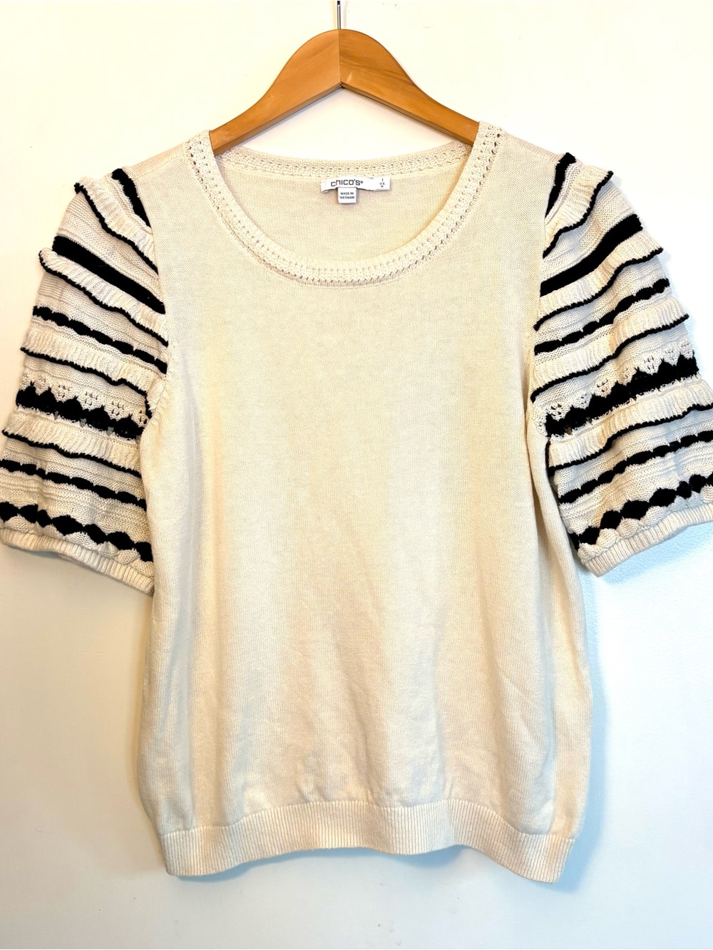 Chico's Ivory and Black Knit Sweater Top With Striped Ruffle Sleeves M